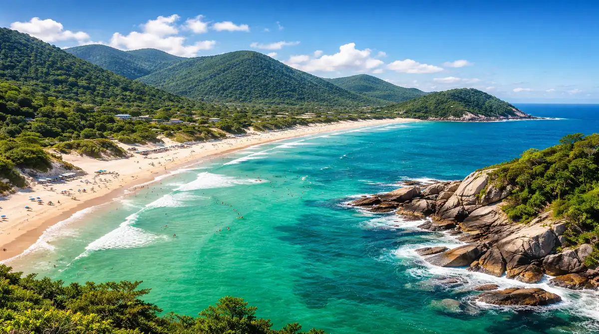 Paisagem aérea de uma praia paradisíaca no Sul do Brasil, com mar verde-esmeralda, areia branca e vegetação nativa, representando o litoral de Santa Catarina.