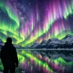 Céu noturno iluminado pela Aurora Boreal verde e roxa sobre montanhas nevadas durante o máximo solar de 2026.