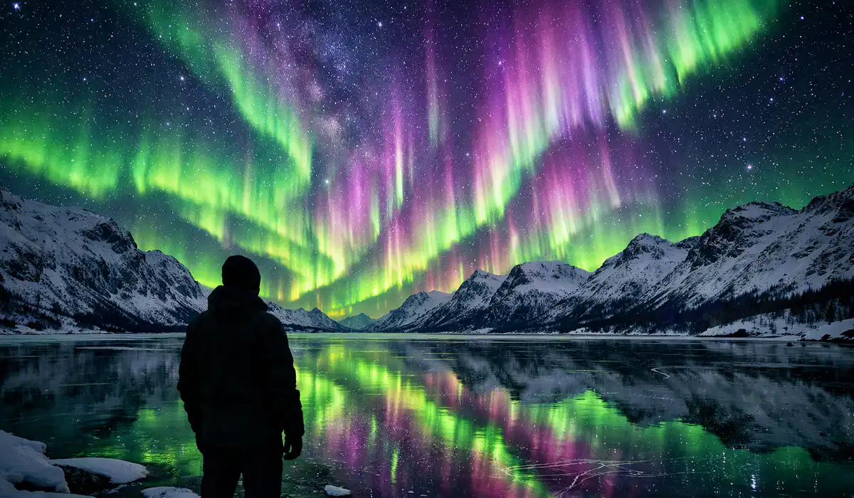 Céu noturno iluminado pela Aurora Boreal verde e roxa sobre montanhas nevadas durante o máximo solar de 2026.