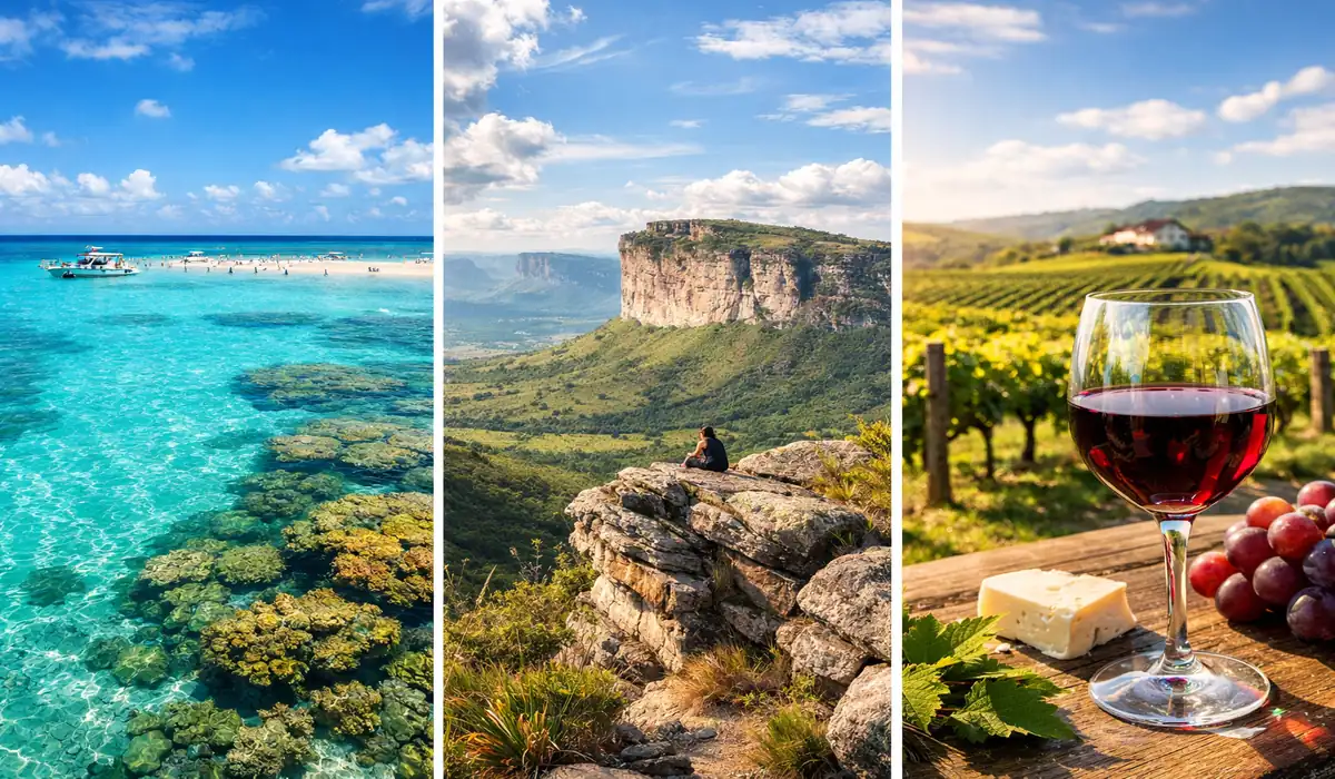 Montagem com três destinos turísticos brasileiros baratos: Praia de Maragogi, Montanhas da Chapada Diamantina e Vinhedos de São Roque.