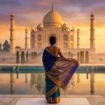 Vista frontal do Taj Mahal ao amanhecer, com o reflexo do mausoléu de mármore no espelho d'água.