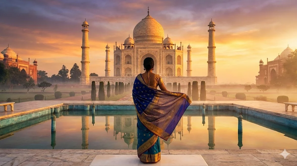 Vista frontal do Taj Mahal ao amanhecer, com o reflexo do mausoléu de mármore no espelho d'água.