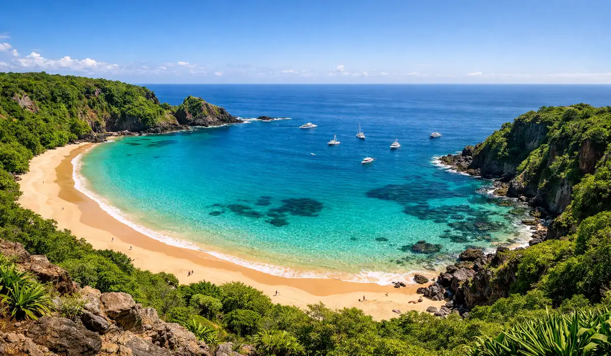 Vista do mirante da Baía do Sancho em Fernando de Noronha, mostrando o mar turquesa e as falésias verdes.