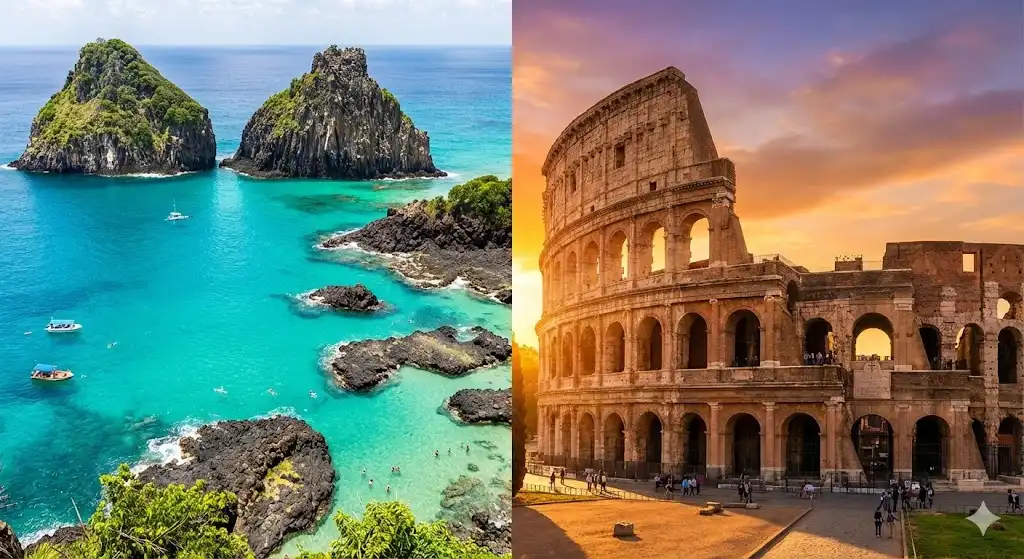 Paisagem dividida mostrando a praia do Sancho em Fernando de Noronha e o Coliseu em Roma, representando viagens nacionais e internacionais.