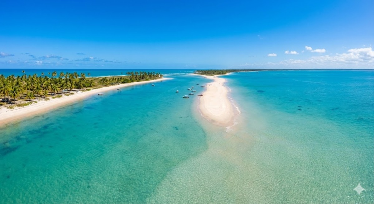 5 praias desconhecidas no nordeste Brasileiro para explorar 1 Vista aérea da Ponta do Corumbau, na Bahia, com sua faixa de areia entrando no mar azul-turquesa.