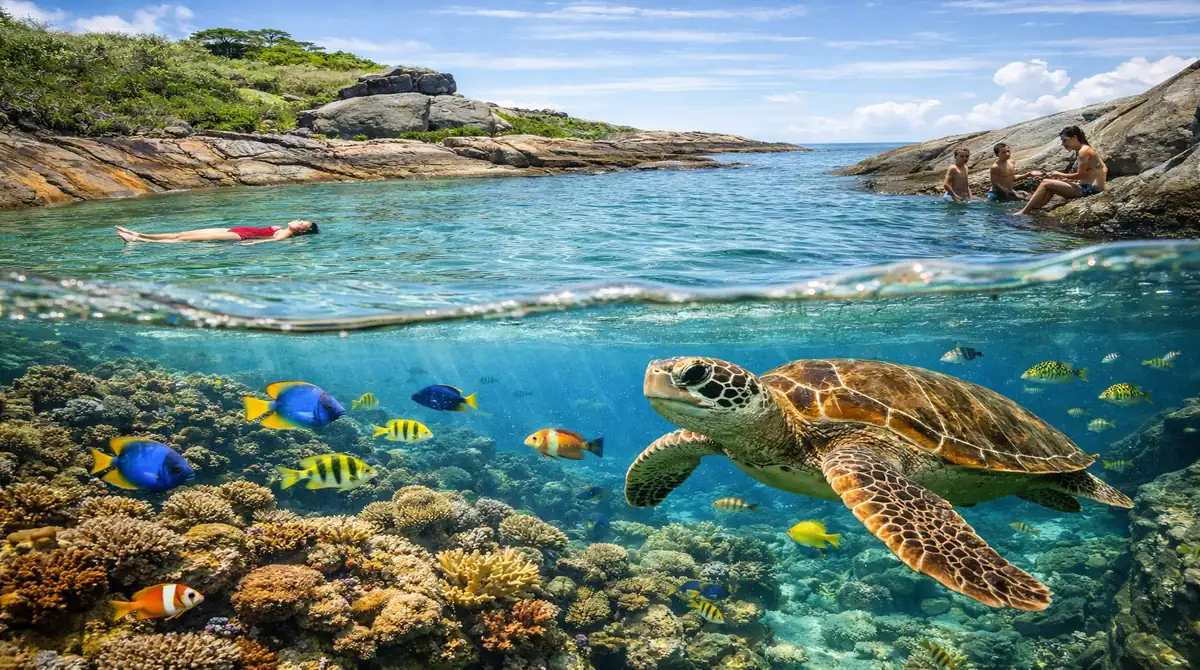 Fotografia subaquática split-shot nas Três Ilhas, Guarapari, mostrando banhistas na superfície e uma tartaruga marinha nadando com peixes coloridos em um recife de coral abaixo da água.