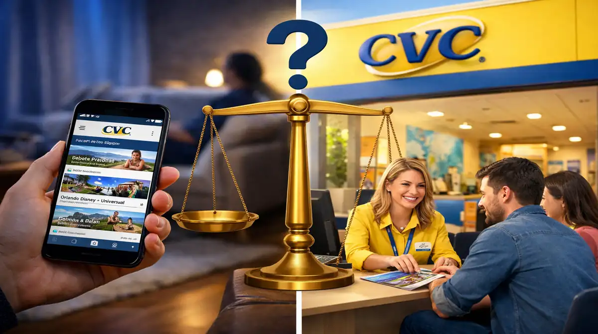 Fachada de uma loja da CVC Viagens com cliente sendo atendido, ilustrando a análise se vale a pena comprar pacotes na agência.