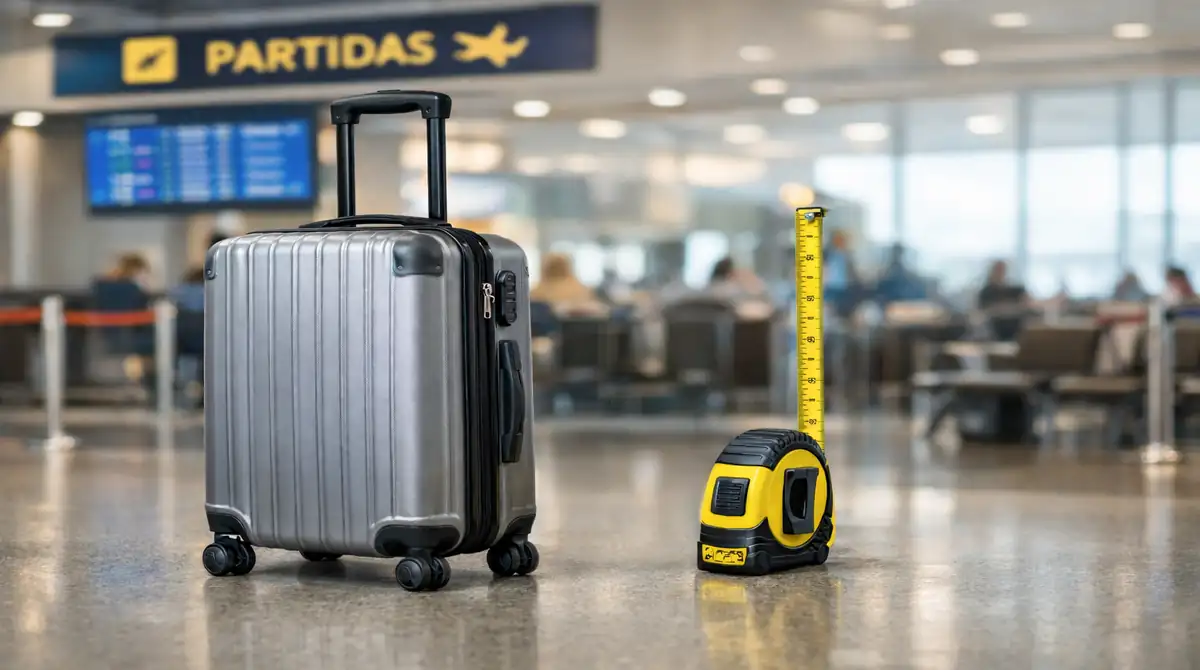mala de viagem 10kg com fita métrica mostrando medidas de 55 x 35 x 25 cm