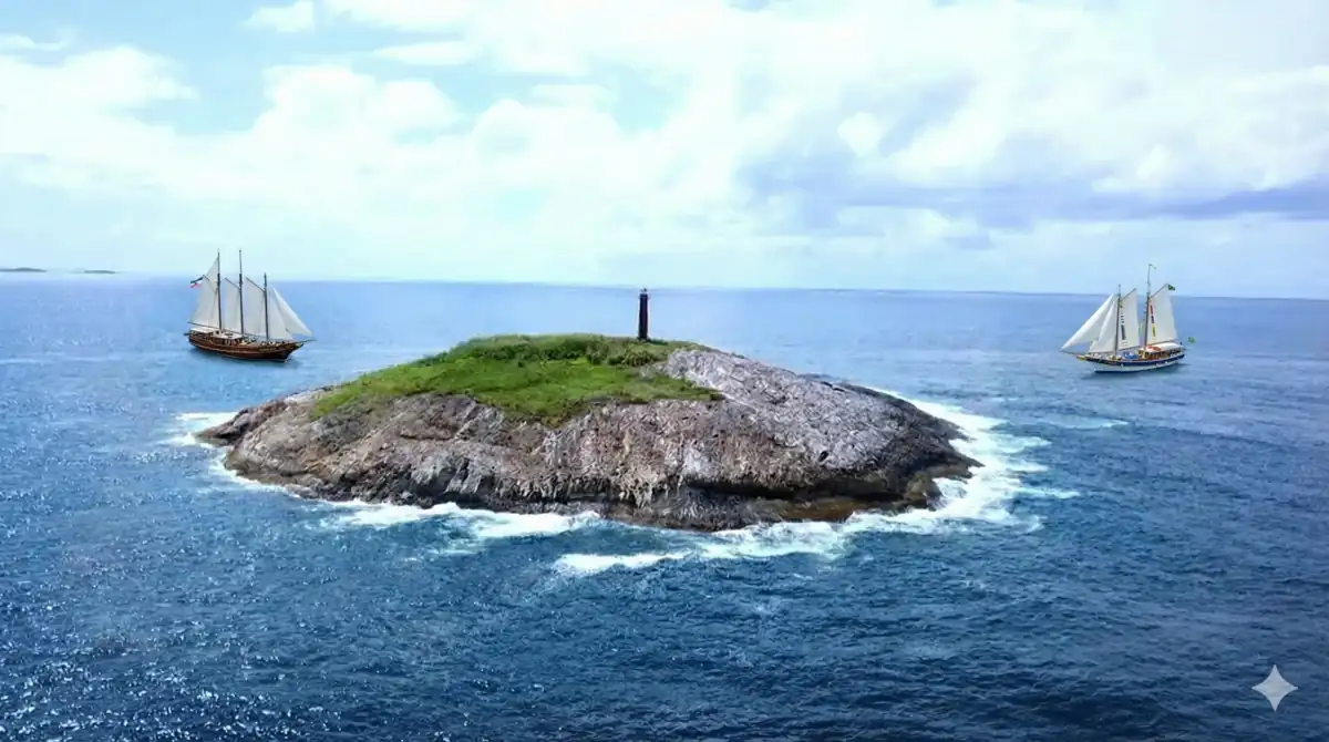 Vista aérea da Ilha Escalvada com seu farol vermelho, principal ponto de mergulho em Guarapari, Espírito Santo.