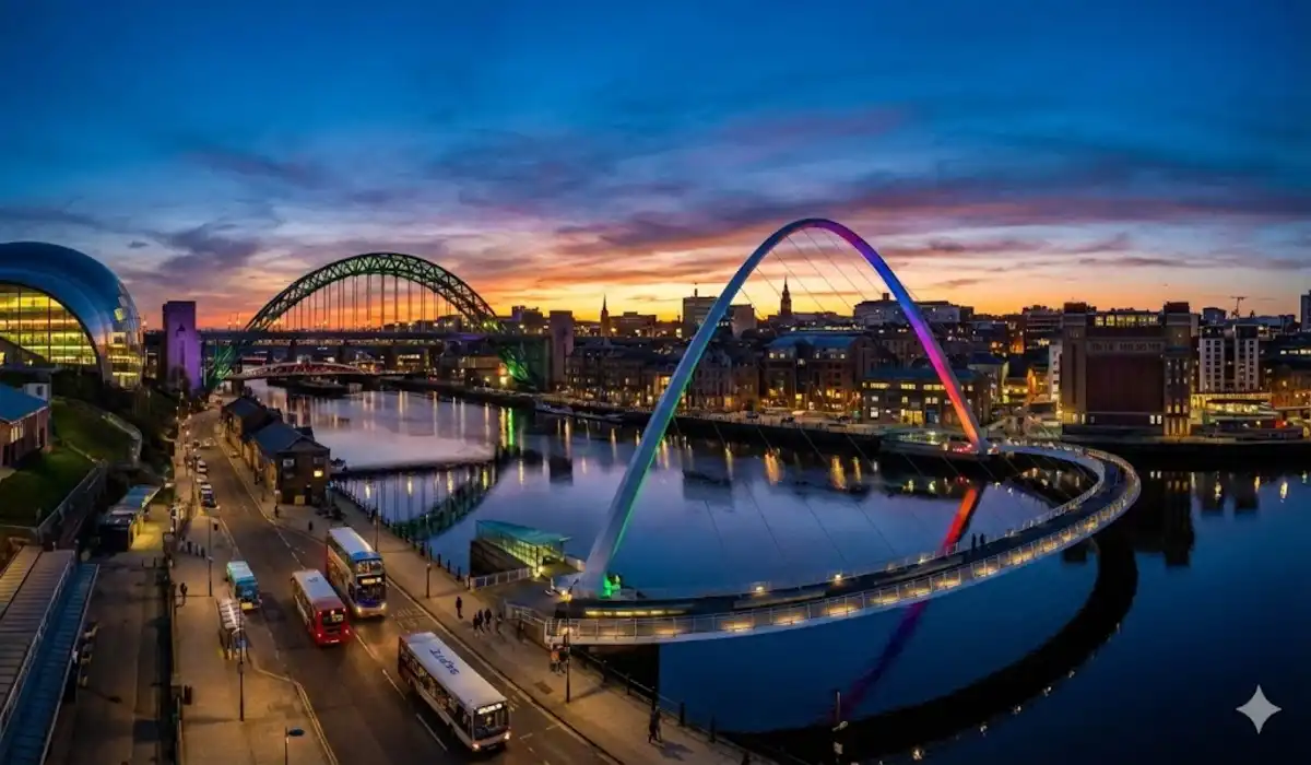 Vista panorâmica das pontes iluminadas sobre o Rio Tyne em Newcastle, Inglaterra, ao anoitecer.
