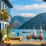 Vista do Centro Histórico de Paraty com ruas alagadas pela maré e barcos coloridos, ícone do turismo no Rio de Janeiro.