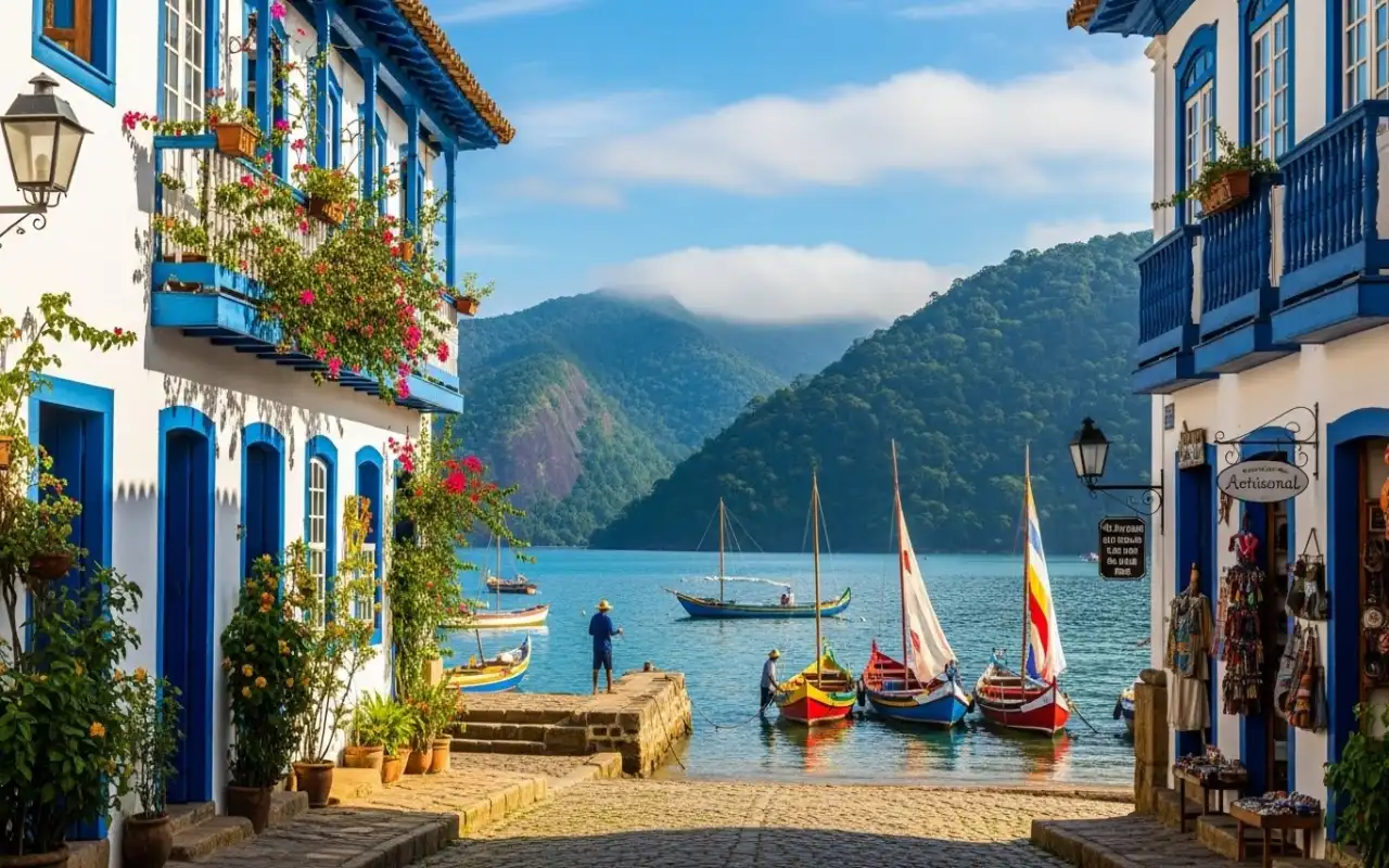 Vista do Centro Histórico de Paraty com ruas alagadas pela maré e barcos coloridos, ícone do turismo no Rio de Janeiro.