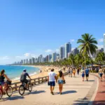 Vista panorâmica da orla da Praia de Manaíra com ciclovia, coqueiros e prédios modernos ao fundo.