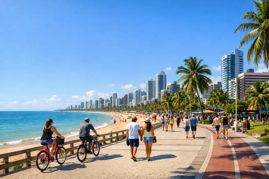 Vista panorâmica da orla da Praia de Manaíra com ciclovia, coqueiros e prédios modernos ao fundo.
