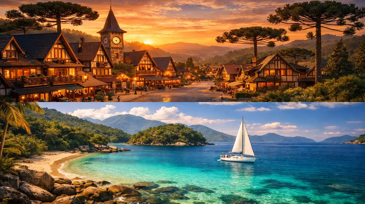 Montagem fotográfica mostrando o contraste entre o charme das montanhas de Campos do Jordão e as praias de Ilhabela, destinos turísticos em São Paulo.