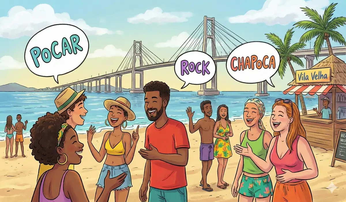 Ilustração representando as gírias do Espírito Santo como Pocar e Ir pro Rock, com a Terceira Ponte ao fundo.