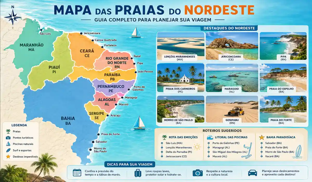 Mapa das Praias do Nordeste com litoral brasileiro praias paradisíacas dunas piscinas naturais falésias e mar azul