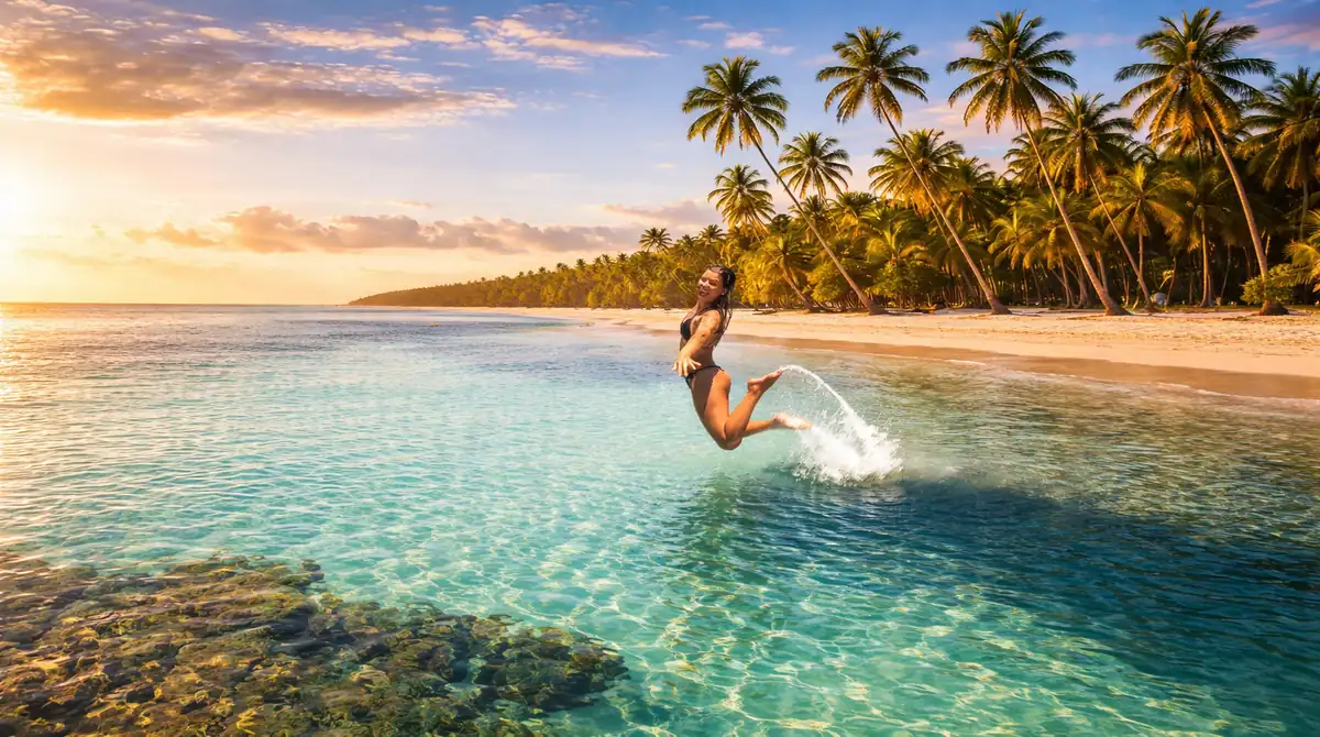 "Paisagem paradisíaca com águas turquesas e coqueiros na Praia dos Carneiros, ilustrando as melhores praias próximas a Porto de Galinhas." Viajar Sozinha de Carro pelo Nordeste