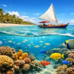Crucial para SEO: "Fotografia dividida estilo 'meio a meio' da costa de Japaratinga, Alagoas. A metade superior mostra uma jangada tradicional navegando em águas azul-turquesa próximas a uma praia de areia branca com coqueiros. A metade inferior submersa revela um recife de corais colorido repleto de peixes tropicais, como peixe-palhaço e sargento.