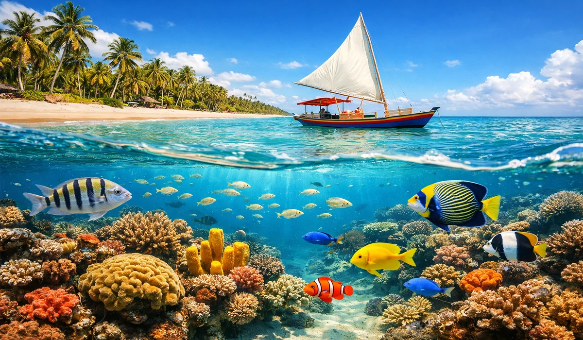 Crucial para SEO: "Fotografia dividida estilo 'meio a meio' da costa de Japaratinga, Alagoas. A metade superior mostra uma jangada tradicional navegando em águas azul-turquesa próximas a uma praia de areia branca com coqueiros. A metade inferior submersa revela um recife de corais colorido repleto de peixes tropicais, como peixe-palhaço e sargento.