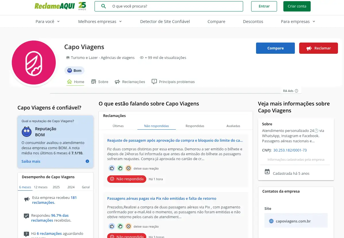 nota da capo viagens no reclame aqui atualizada em janeiro de 2026