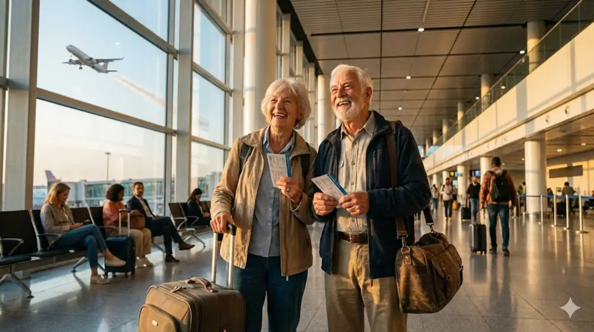 Casal de idosos no aeroporto representando os beneficiários da meia passagem de avião e do programa Voa Brasil.