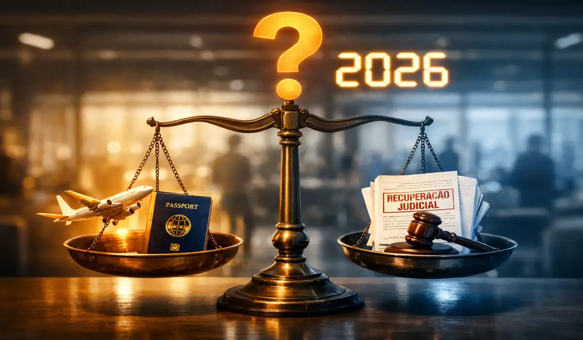 Ilustração comparativa mostrando um avião decolando e documentos jurídicos, representando a análise se a 123milhas é confiável em 2026 e a situação da recuperação judicial.