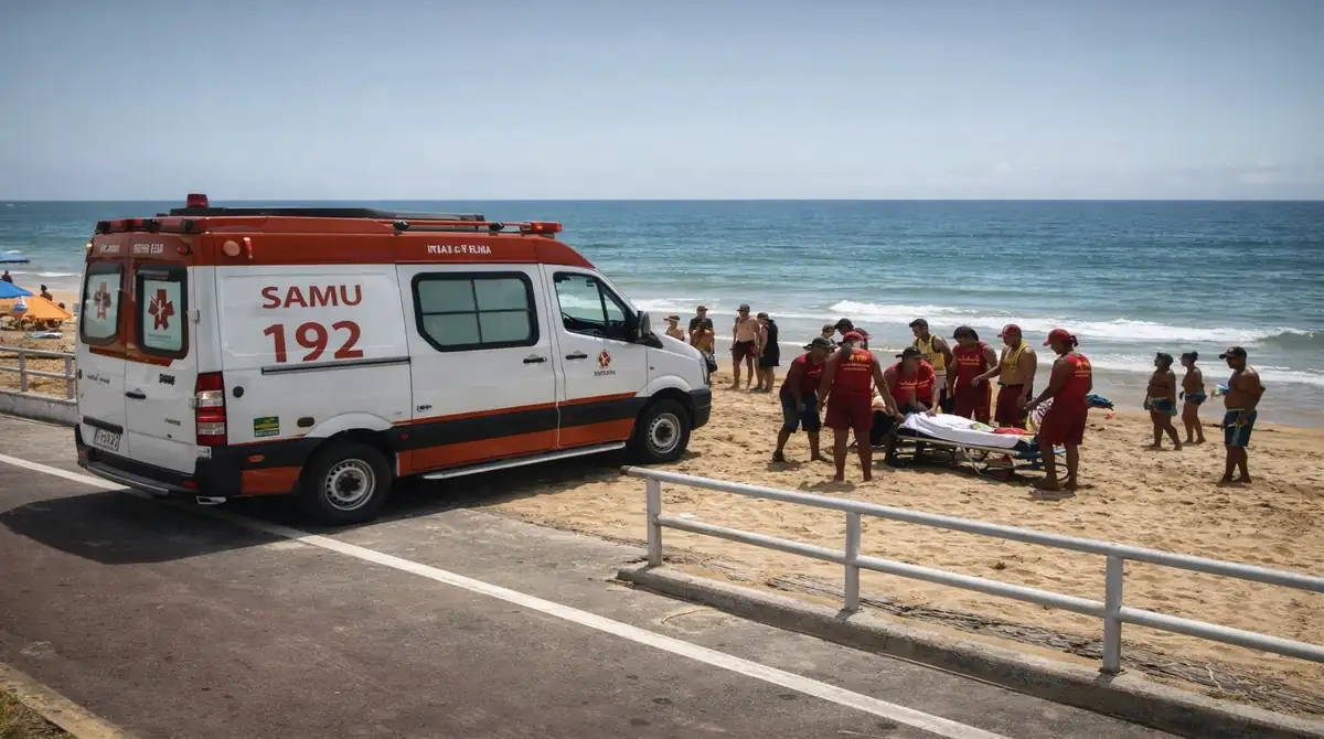 Susto em Itapuã: Tudo sobre o resgate na Colônia de Pescadores hoje 1 "Movimentação de banhistas e equipes de resgate na areia da Praia de Itapuã, em Vila Velha, durante atendimento a uma vítima de afogamento em frente à Colônia de Pescadores."