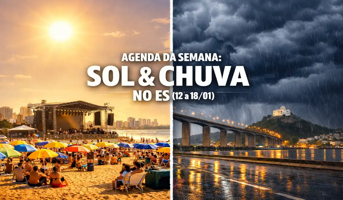 Montagem em tela dividida: lado esquerdo mostra uma praia ensolarada no ES com palco de shows montado na areia; lado direito mostra nuvens de tempestade e chuva sobre a Terceira Ponte e o Convento da Penha. Texto sobreposto: Agenda da Semana: Sol e Chuva no ES (12 a 18/01).