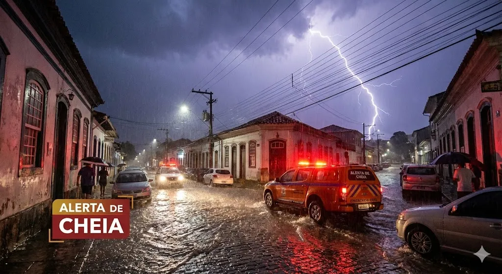 Ilustração de tempestade severa e alagamento em cidade do interior, representando o alerta vermelho no Espírito Santo.
