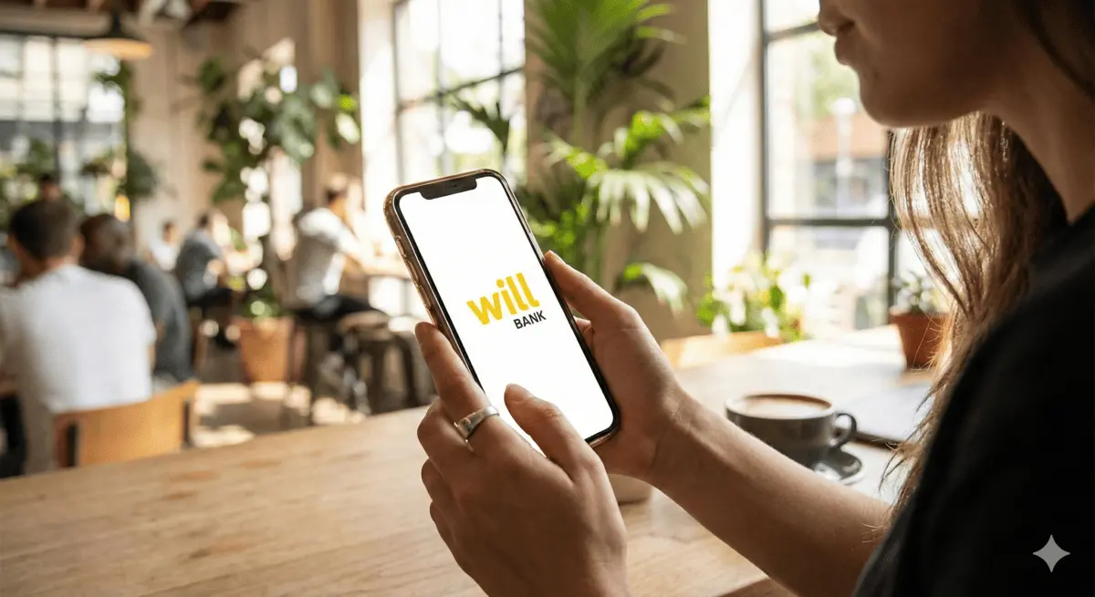 Smartphone exibindo aplicativo do Will Bank bloqueado após decreto de liquidação pelo Banco Central
