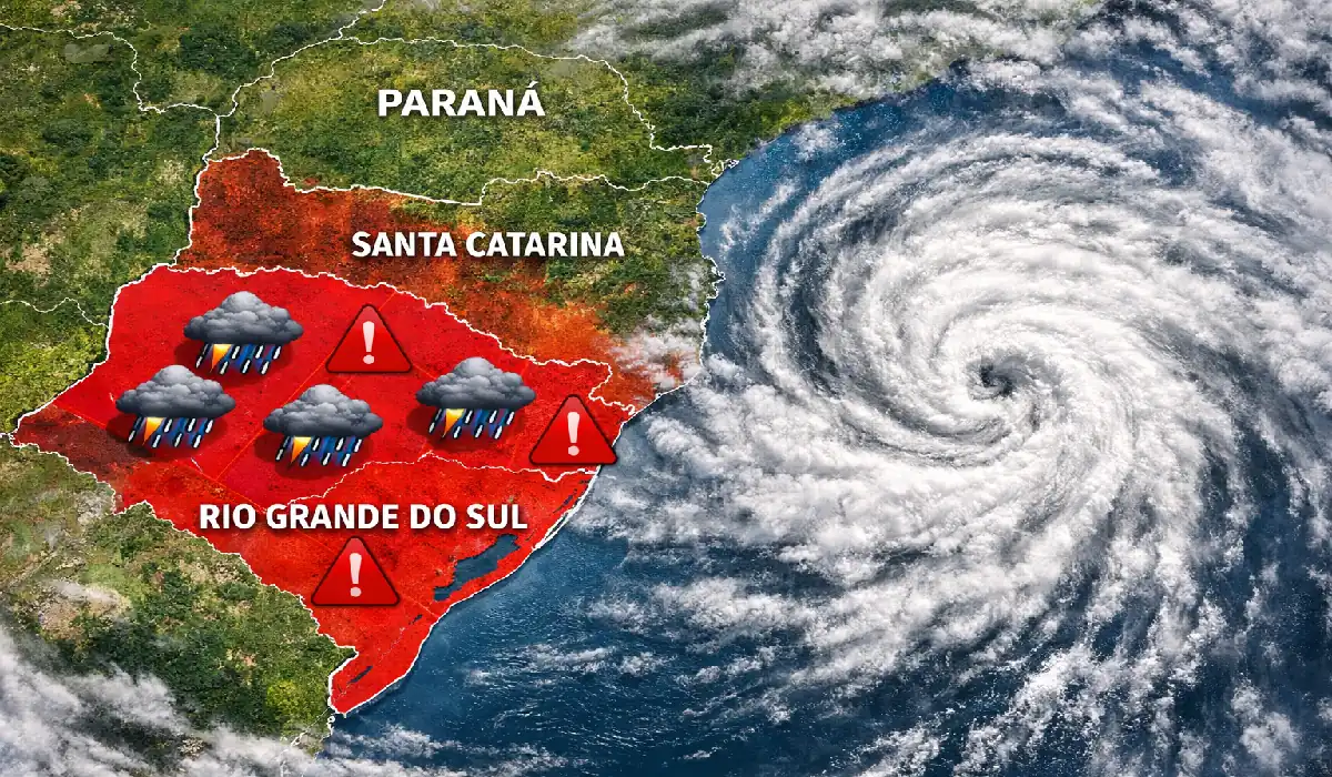 Mapa meteorológico mostrando a formação de um ciclone extratropical sobre a região Sul do Brasil, com áreas de alerta para tempestades.
