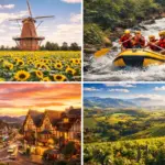 Paisagem turística representando as cidades do interior de São Paulo, destacando campos de flores em Holambra, natureza em Brotas e as serras de Campos do Jordão. cidades do interior de SP