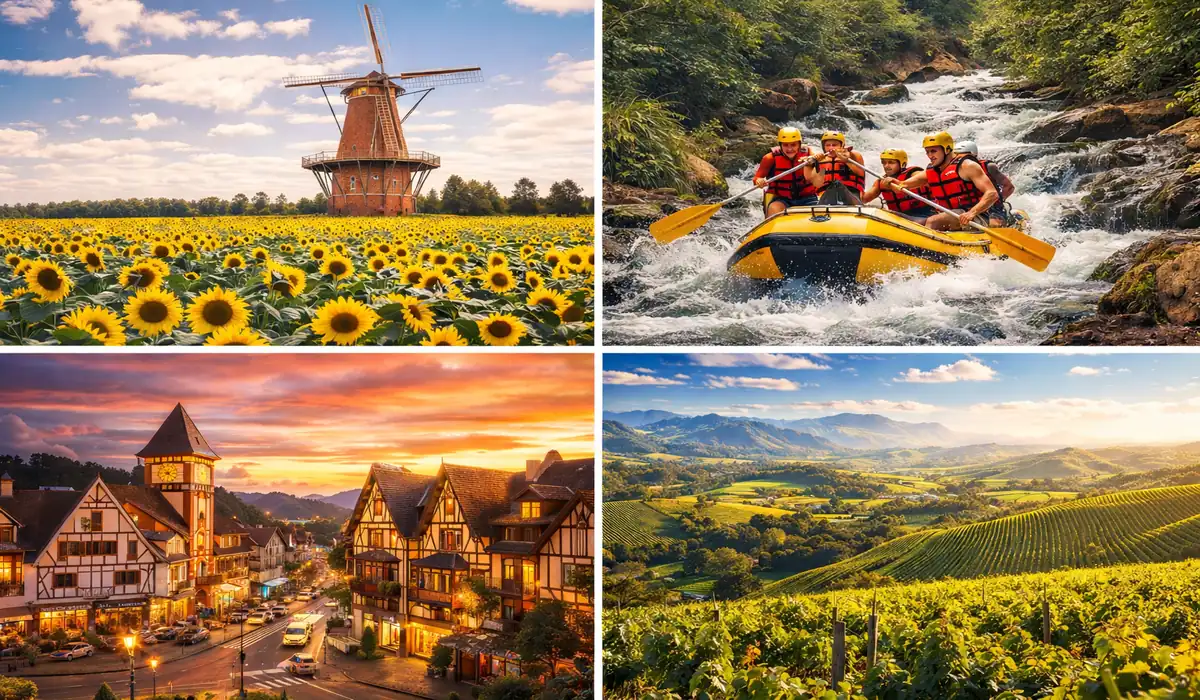 Paisagem turística representando as cidades do interior de São Paulo, destacando campos de flores em Holambra, natureza em Brotas e as serras de Campos do Jordão. cidades do interior de SP