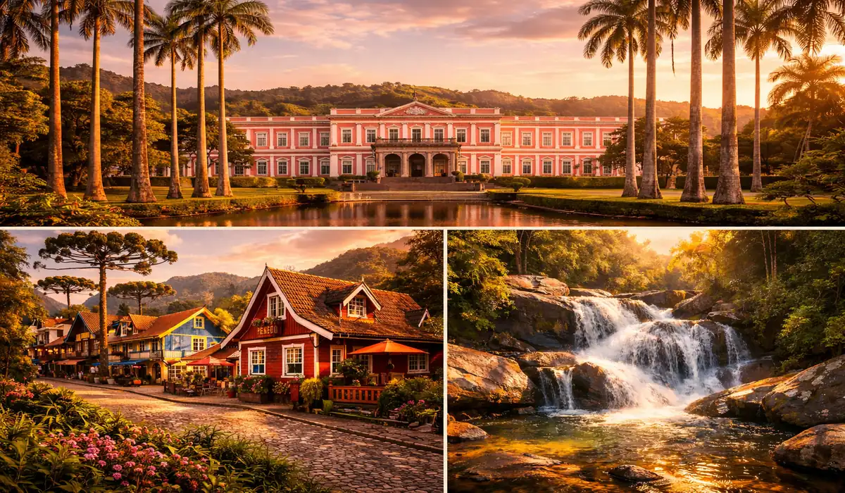 Montagem turística mostrando as belezas do interior do Rio de Janeiro: arquitetura imperial de Petrópolis, o clima de serra de Visconde de Mauá e o estilo finlandês de Penedo.