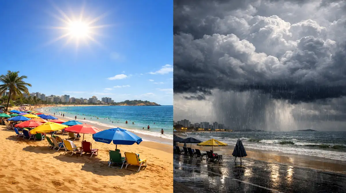 Montagem mostrando o contraste do clima no Espírito Santo em janeiro: lado esquerdo com praia ensolarada e calor, lado direito com nuvens de tempestade e chuva forte.