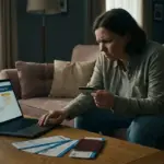 Pessoa utilizando notebook para solicitar cancelamento de passagem aérea e reembolso online.