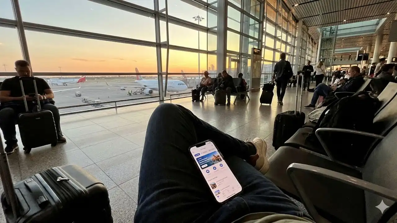 Viajante usando aplicativo de celular para buscar passagens aéreas baratas em um aeroporto.