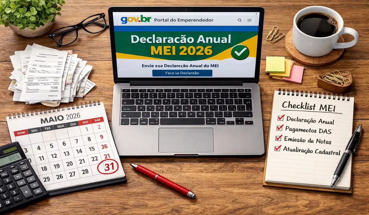 "Mesa de escritório organizada com notebook aberto no Portal do Empreendedor e um calendário destacando a data limite para a Declaração Anual MEI 2026."