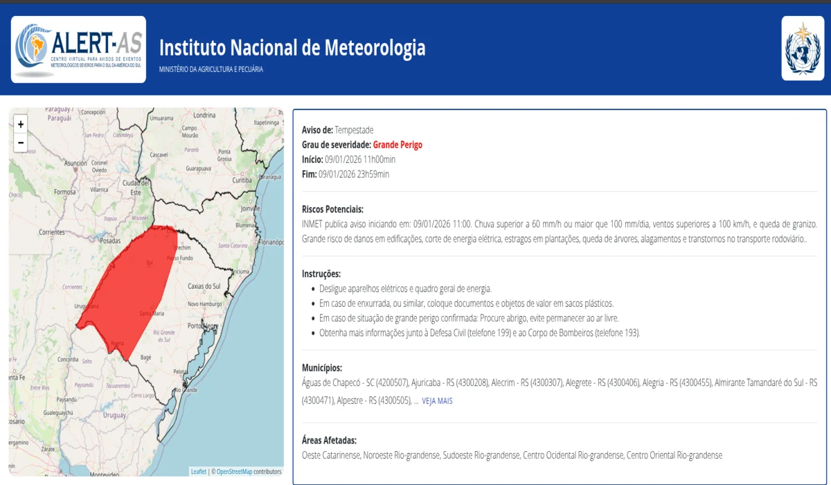 Mapa meteorológico mostrando a formação de um ciclone extratropical sobre a região Sul do Brasil, com áreas de alerta para tempestades. Alerta de Ciclone