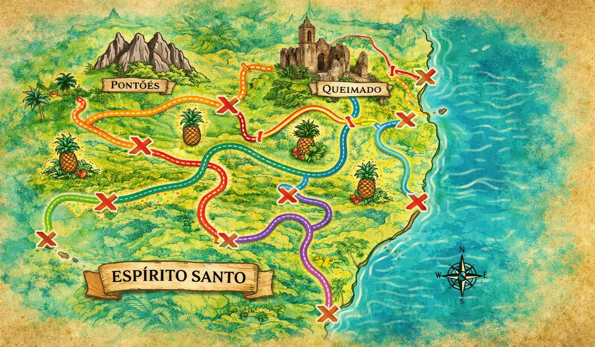 Mapa ilustrado do Espírito Santo destacando as 8 novas rotas turísticas, incluindo Pontões Capixabas e Rota do Queimado.