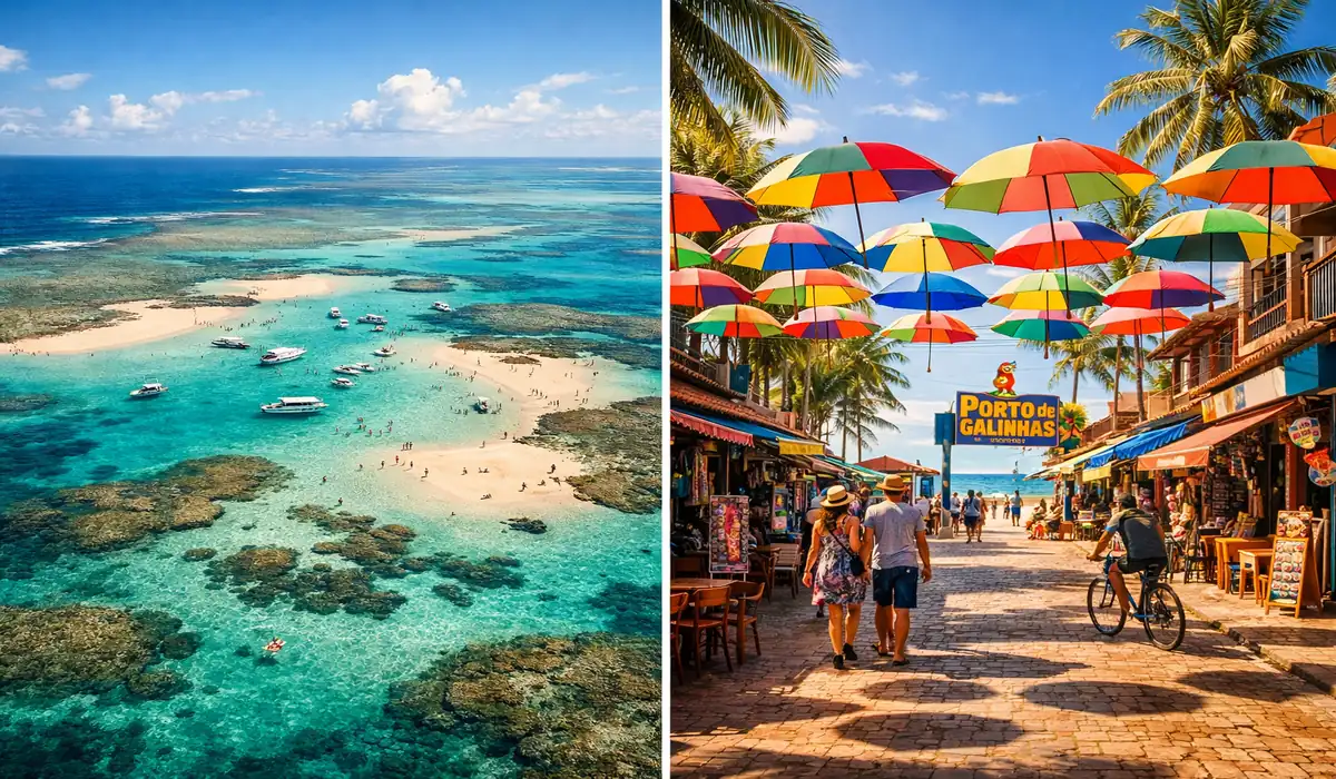 Jangada flutuando sobre piscinas naturais de águas azul-turquesa, representando as belezas do litoral de Alagoas e Pernambuco.