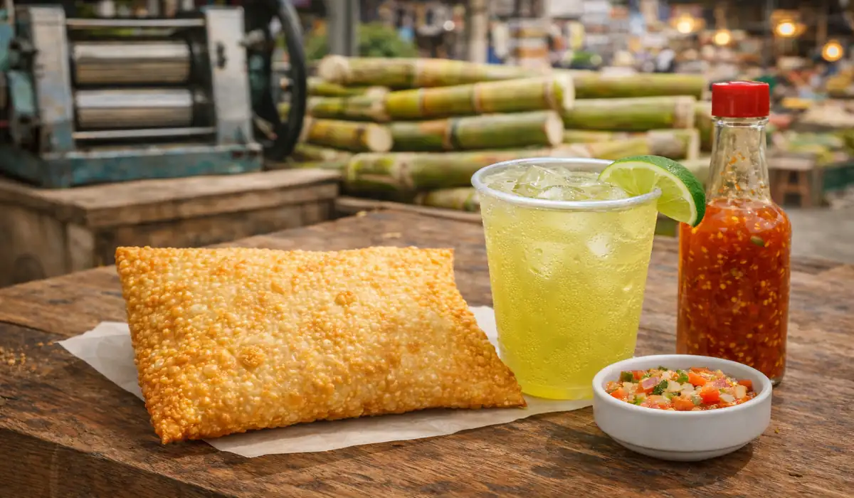 Close apetitoso de um pastel de feira frito e dourado, com massa crocante, ao lado de um copo de inox suado com caldo de cana gelado e limão. Representação da baixa gastronomia capixaba.