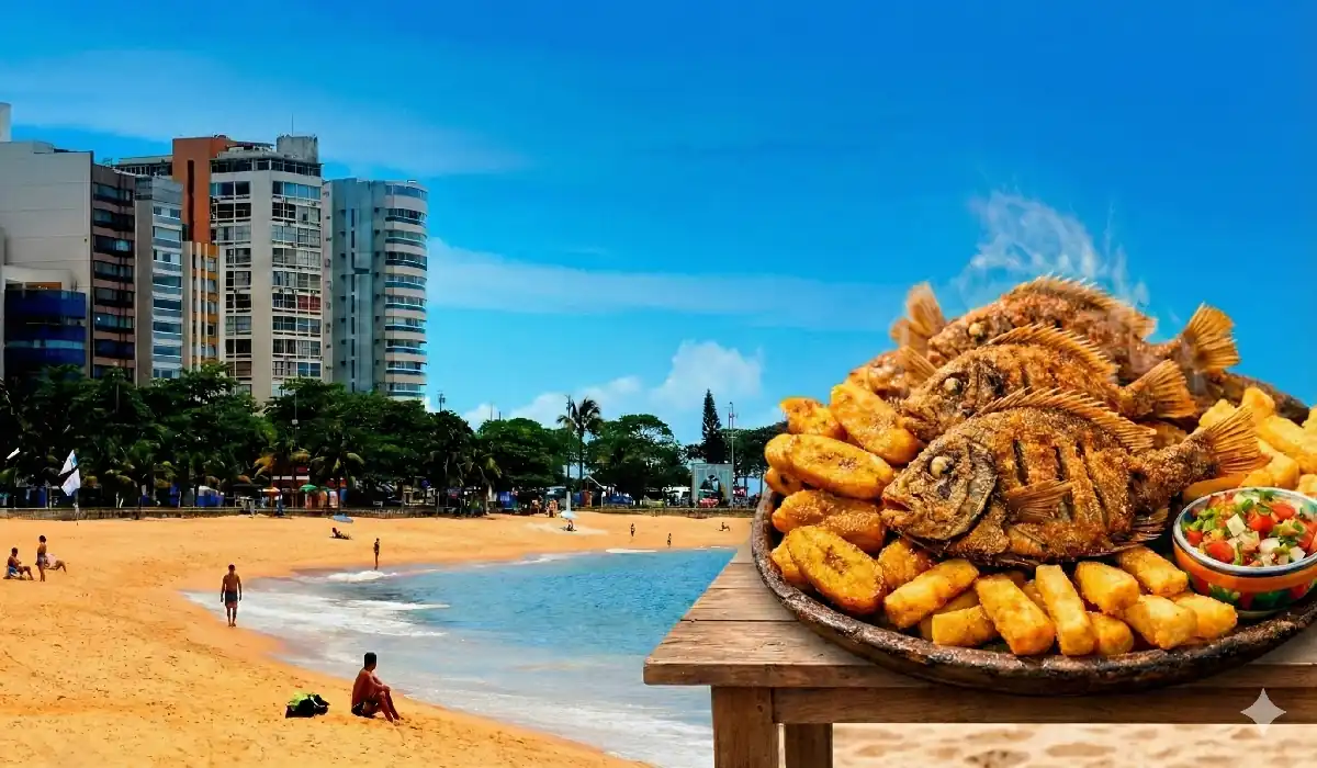 Jurema ou Praia da Costa? Onde comer o peroá frito mais crocante e barato do litoral. 1 Porção generosa de peroá frito crocante com banana da terra e vinagrete, servida em um quiosque de praia ensolarado no Espírito Santo.