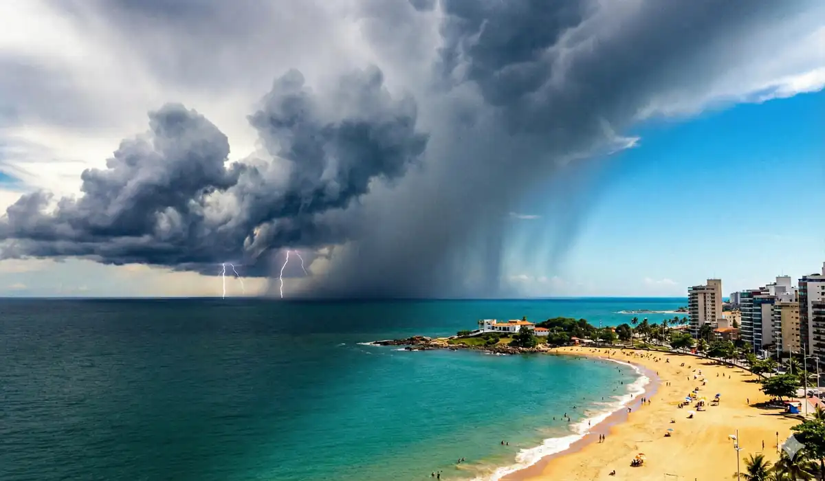 Vista aérea da orla de Vila Velha com dia de sol sendo encoberto por uma grande tempestade e nuvens escuras vindo do mar.