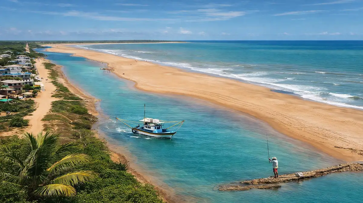Vista aérea ensolarada da Praia de Urussuquara, no Espírito Santo, mostrando o rio de águas turquesas correndo paralelo ao mar, com um barco de pesca e vegetação nativa.