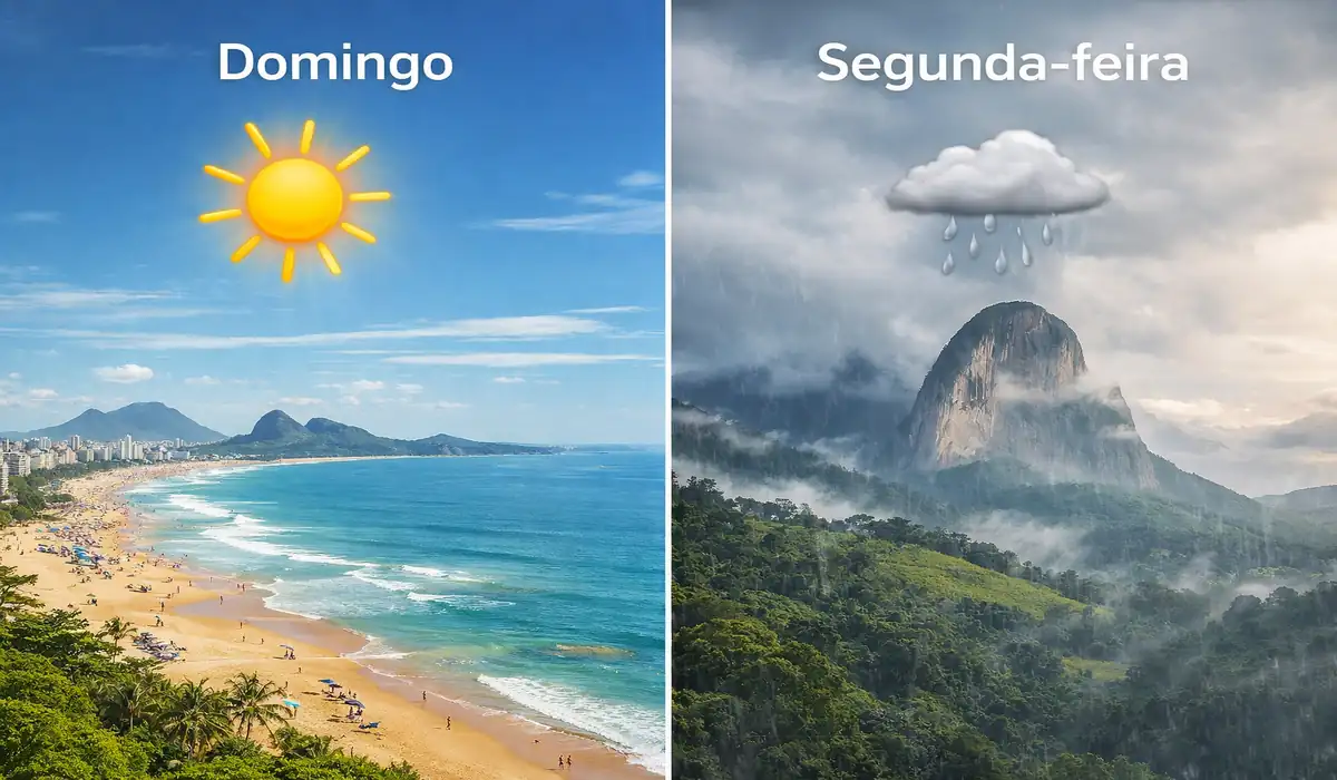 Montagem dividida mostrando a previsão do tempo no ES: lado esquerdo com praia ensolarada em Vila Velha (domingo) e lado direito com chuva nas montanhas (segunda-feira).