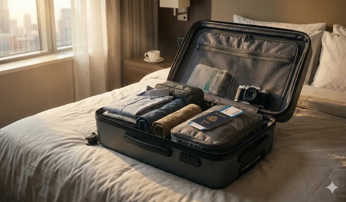 Mala de mão aberta e organizada com roupas, necessaire de líquidos e passaporte para viagem internacional.