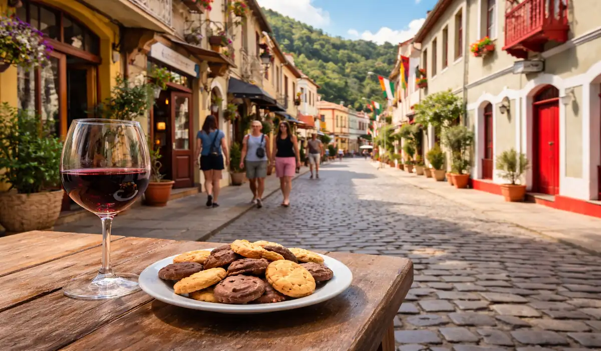 Rua de Lazer em Santa Teresa (ES) com arquitetura colonial preservada, taça de vinho e biscoitos artesanais em primeiro plano. Representação do roteiro de agroturismo na região serrana.