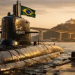 Submarino brasileiro S-41 Humaitá atracado no porto com a bandeira do Brasil hasteada. Submarino Humaitá